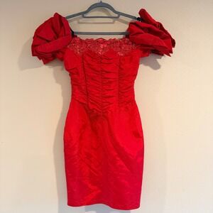 Jessica McClintock Gunne Sax Vintage Ruched Puff Sleeve Dress 3 Red Prom Y2K